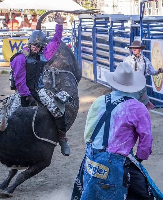 Bull rider and bullfighter in the arena at McCann Stadium